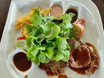 High angle view of breakfast served in plate