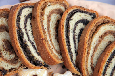 High angle view of poppy seed and walnut rolls