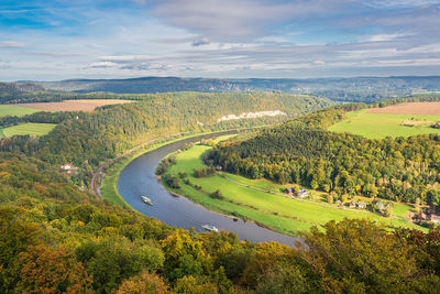 High angle view of river amidst landscape against sky