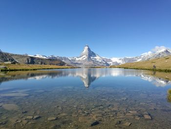 Scenic view of lake against blue sky