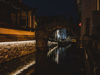 Bridge over river in city at night