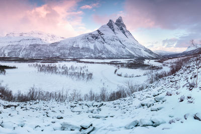 Scenic view of snowcapped mountains against sky