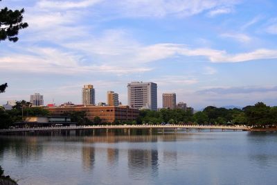 City buildings by river against sky