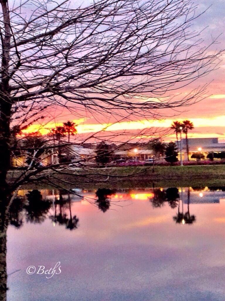 sunset, bare tree, tree, tranquil scene, tranquility, reflection, scenics, water, beauty in nature, sky, lake, nature, branch, orange color, idyllic, cloud - sky, river, waterfront, silhouette, non-urban scene