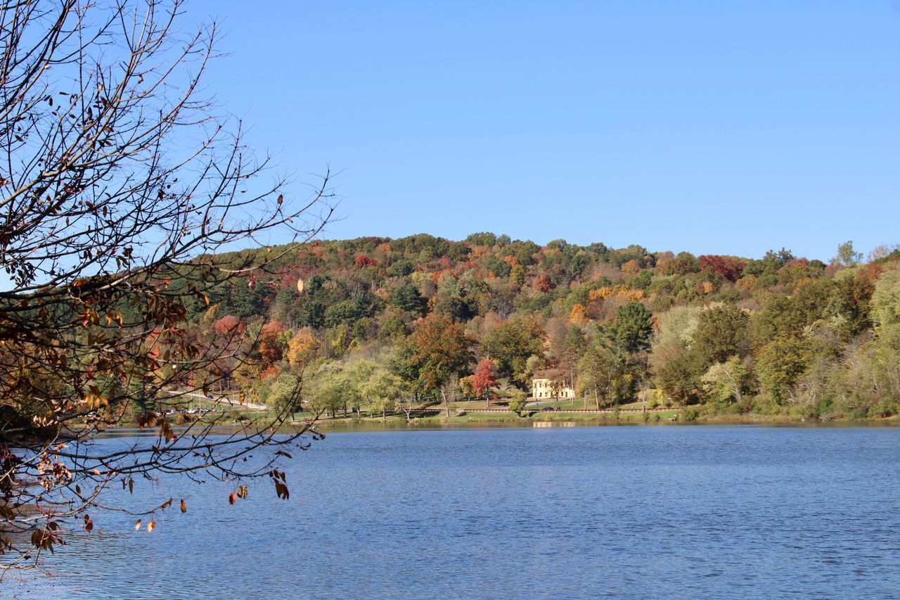 SCENIC VIEW OF LAKE AGAINST CLEAR SKY DURING AUTUMN