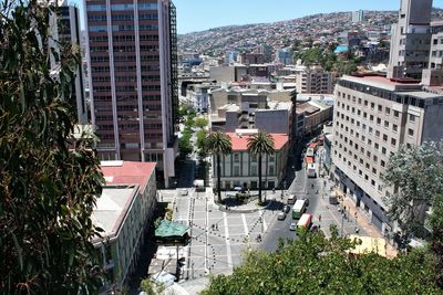 High angle view of street amidst buildings in town