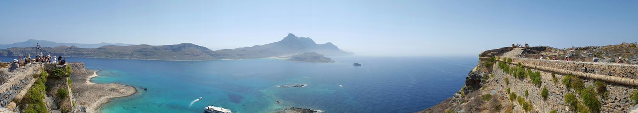 water, scenics, tranquil scene, tranquility, mountain, beauty in nature, blue, clear sky, sea, nature, copy space, panoramic, idyllic, mountain range, lake, sky, non-urban scene, high angle view, day, outdoors