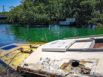 High angle view of river by trees
