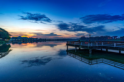 Scenic view of swimming pool against sky at sunset