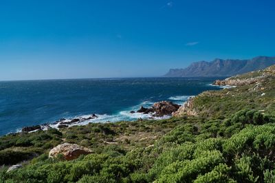 Scenic view of sea against clear blue sky