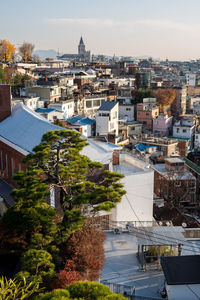 High angle view of buildings in city