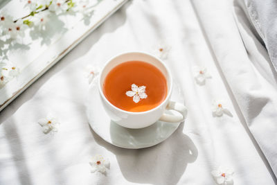 High angle view of tea served on table