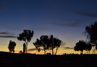 Silhouette trees on field against sky during sunset