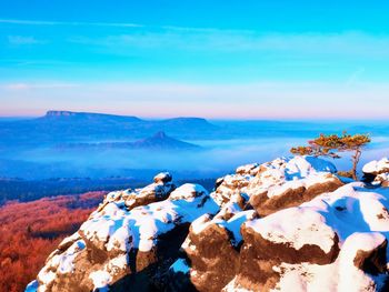 Scenic view of sea and rocks against blue sky