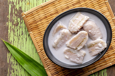 High angle view of food in bowl on table