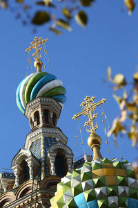 Low angle view of church against clear blue sky