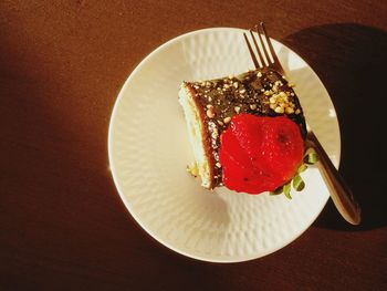 High angle view of dessert in plate on table