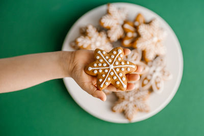 Ginger christmas cookies in children's hands on the background of the christmas tree.