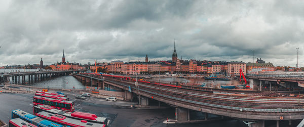 High angle view of bridge in city against sky