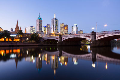 Bridge over river with buildings in background