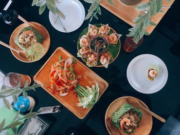 High angle view of breakfast on table