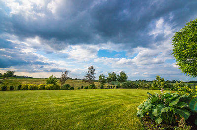 Scenic view of field against cloudy sky