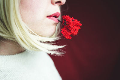 Close-up of woman with red flowers in mouth