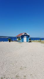 Scenic view of beach against clear blue sky