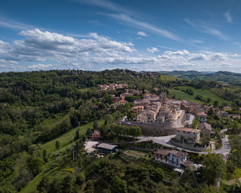 High angle view of buildings against sky