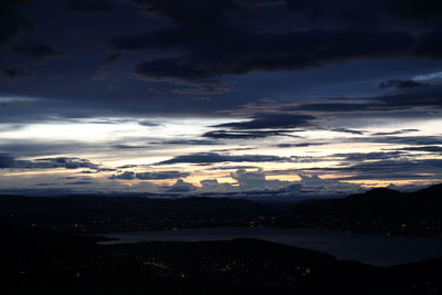 Scenic view of silhouette mountains against sky at sunset