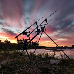 Silhouette cranes on field against sky during sunset