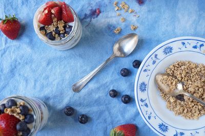 High angle view of breakfast on table