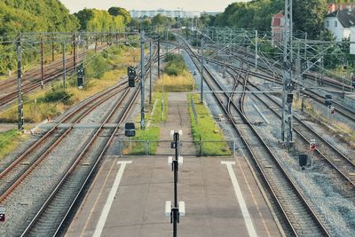 High angle view of train on railroad tracks against sky