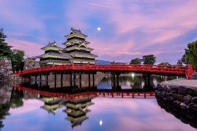 Temple by bridge and river against sky during sunset