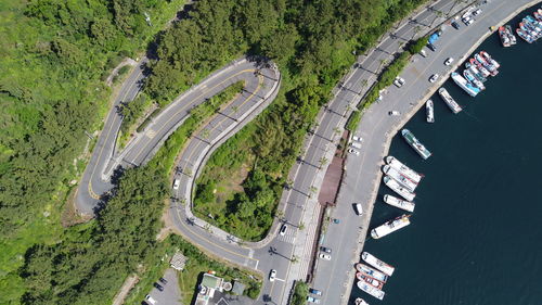 High angle view of highway by river in city