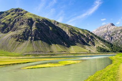 Scenic view of lake and mountains against sky