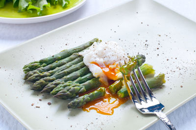 High angle view of food in plate on table