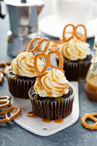 Close-up of cupcakes on table