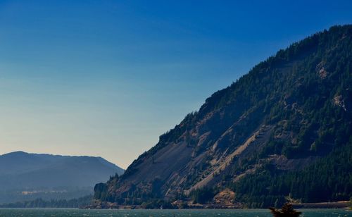 Scenic view of mountains against clear blue sky