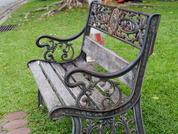 High angle view of bench in park