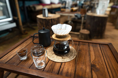 High angle view of coffee served on table