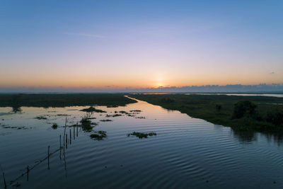 Scenic view of lake against sky during sunset