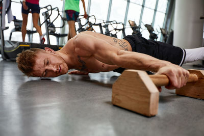 High angle view of man working on table