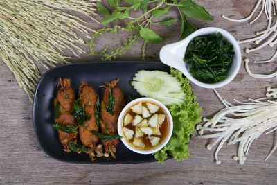 High angle view of food in plate on table