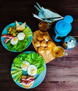 High angle view of breakfast on table