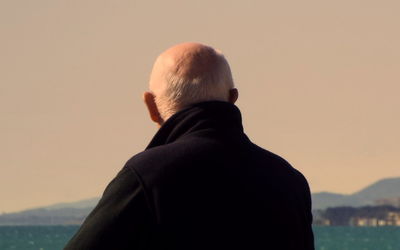 Rear view of man standing against clear sky