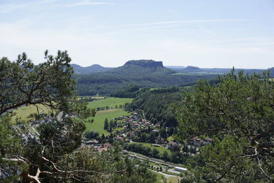 High angle view of trees on landscape against sky