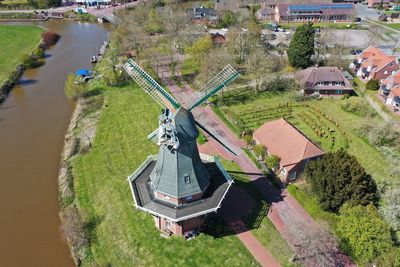 High angle view of traditional windmill on field