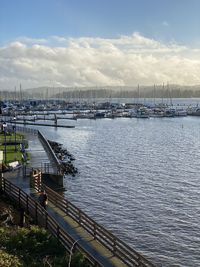 High angle view of harbor against sky