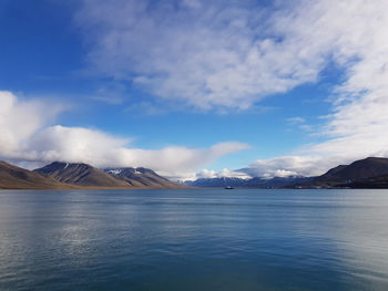 Scenic view of sea by snowcapped mountains against sky